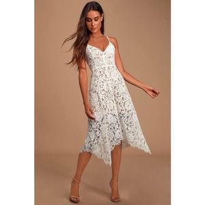 Lulu’s One Wish White Lace Midi Dress Sz Small